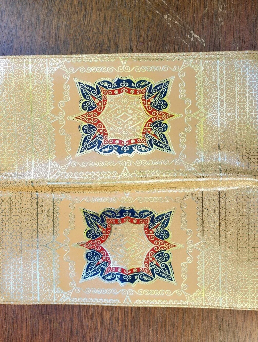 Vintage Tooled Gold Leather Envelope Clutch Bohemian Geometric Shamsa Medallion
